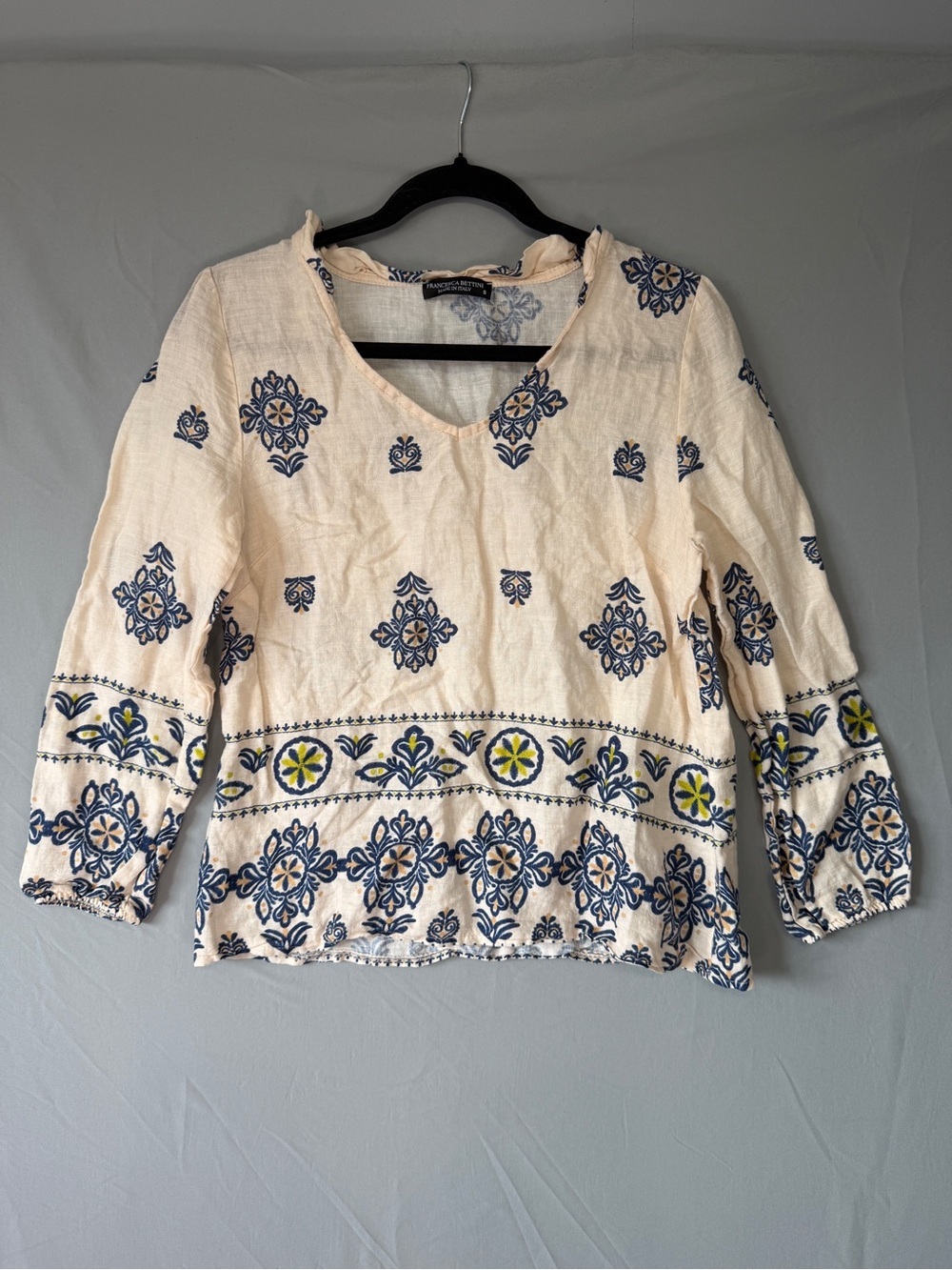Francesca Bettini Womens Boho Floral Embroidered Linen Blouse S Cream V-neck